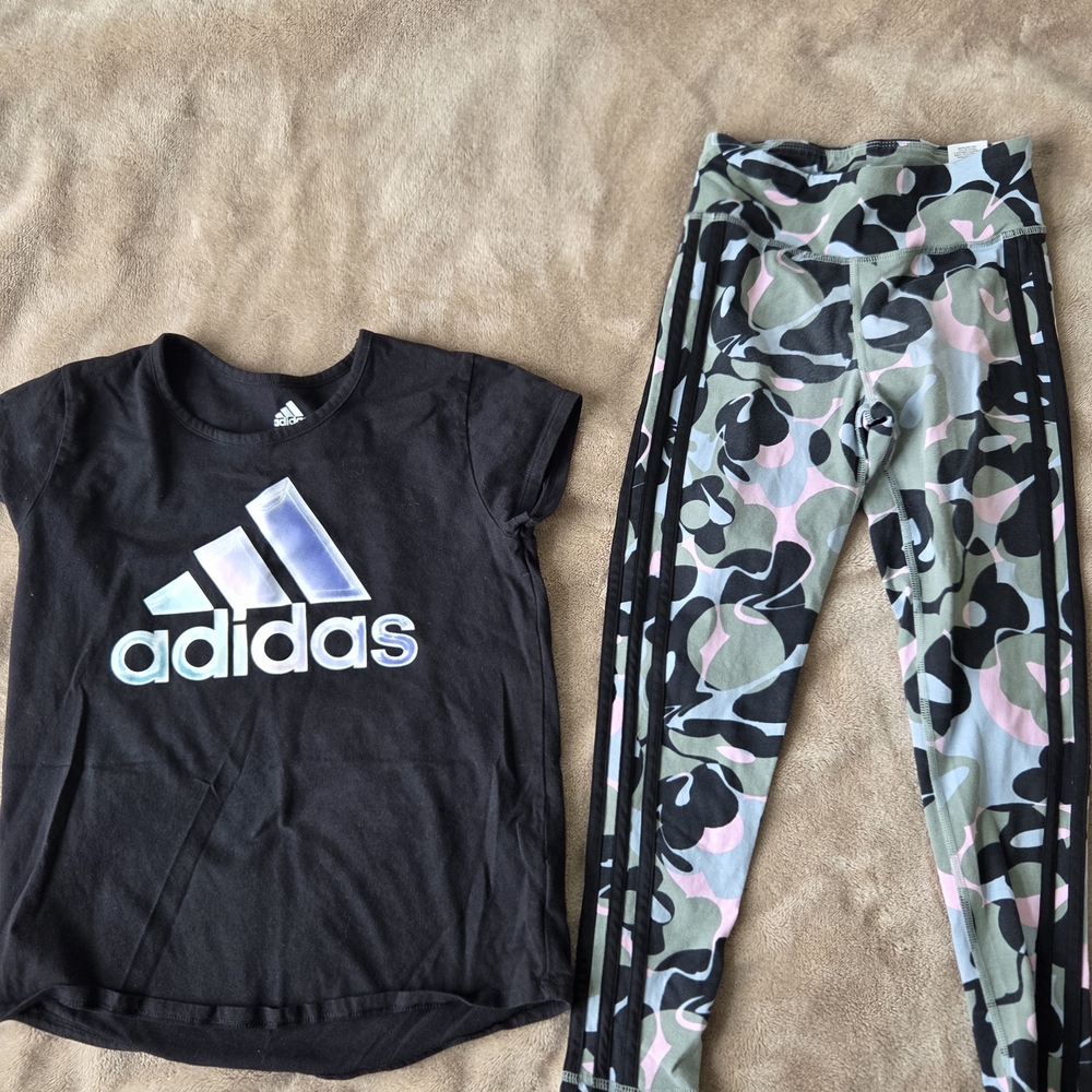 Adidas Black Tee with Camouflage Leggings Medium 10/12